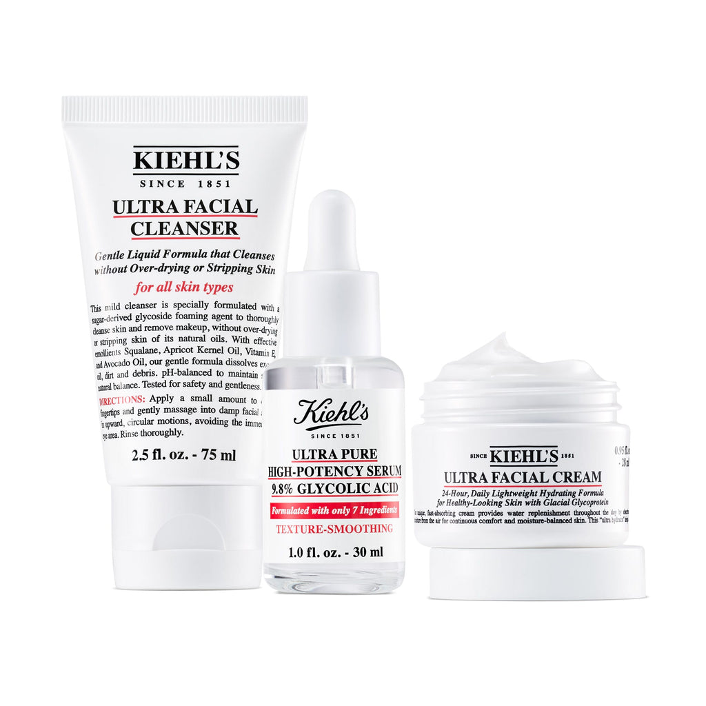 Kiehl's Glycolic Serum Skincare Set - Cleanser, Serum for Face, Moisturizer - Skin Refiner, Serum for Textured Skin and Brightening - Value Set